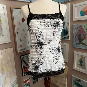 Maurices Black White Butterfly Lace Trim Y2K Cami M Mall Goth Whimsygoth